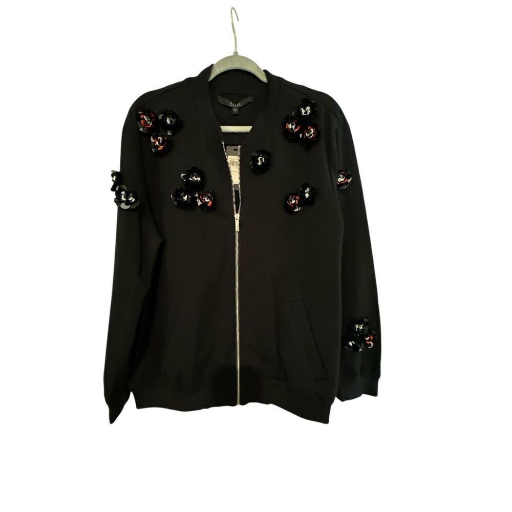 Guess Women's Embellished Long Sleeve Boyfriend Bomber Jacket Black Large NWT